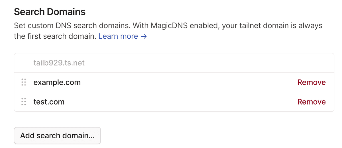 A screenshot of search domains