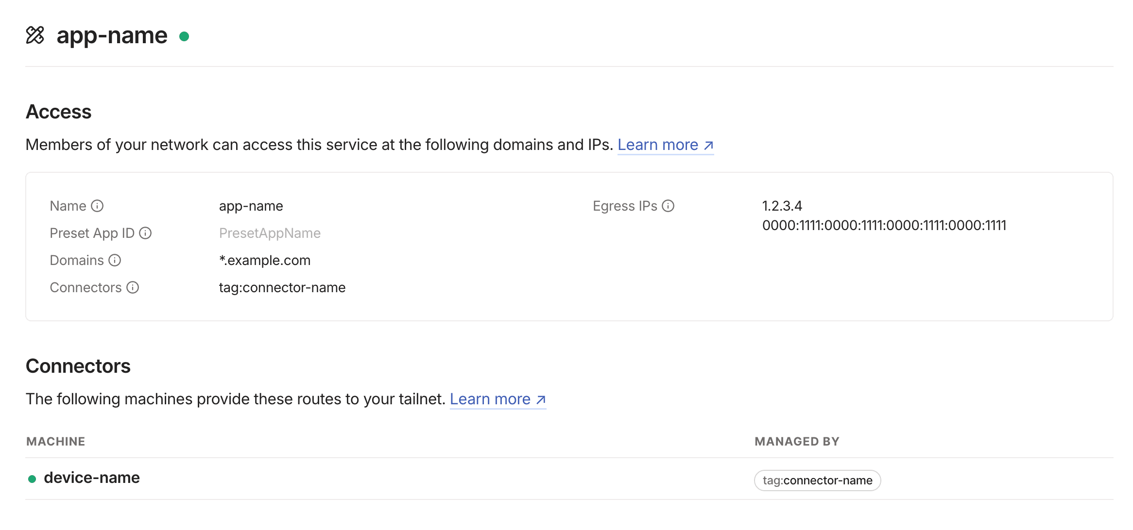 App connector details for a preset app.
