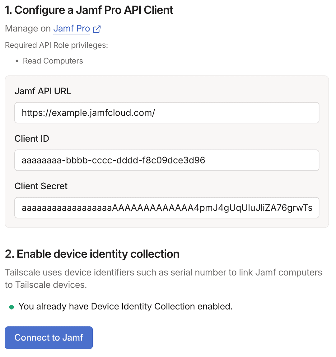 The configuration screen for connecting to Jamf Pro from the Tailscale admin console.