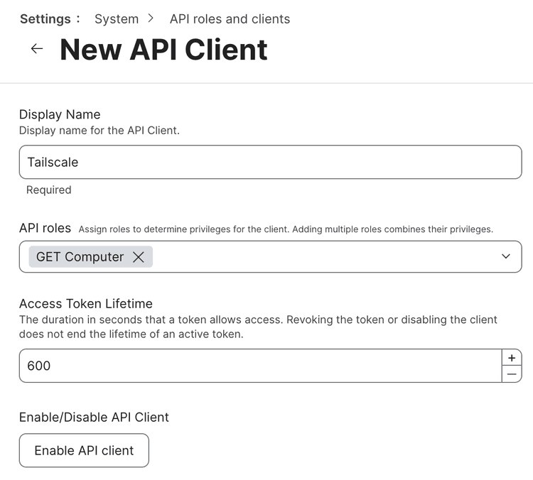 The Jamf Pro Add an API client dialog
