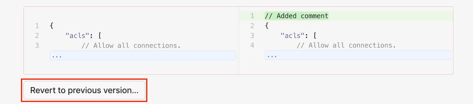 A screenshot of the tailnet policy file revert option in the logs